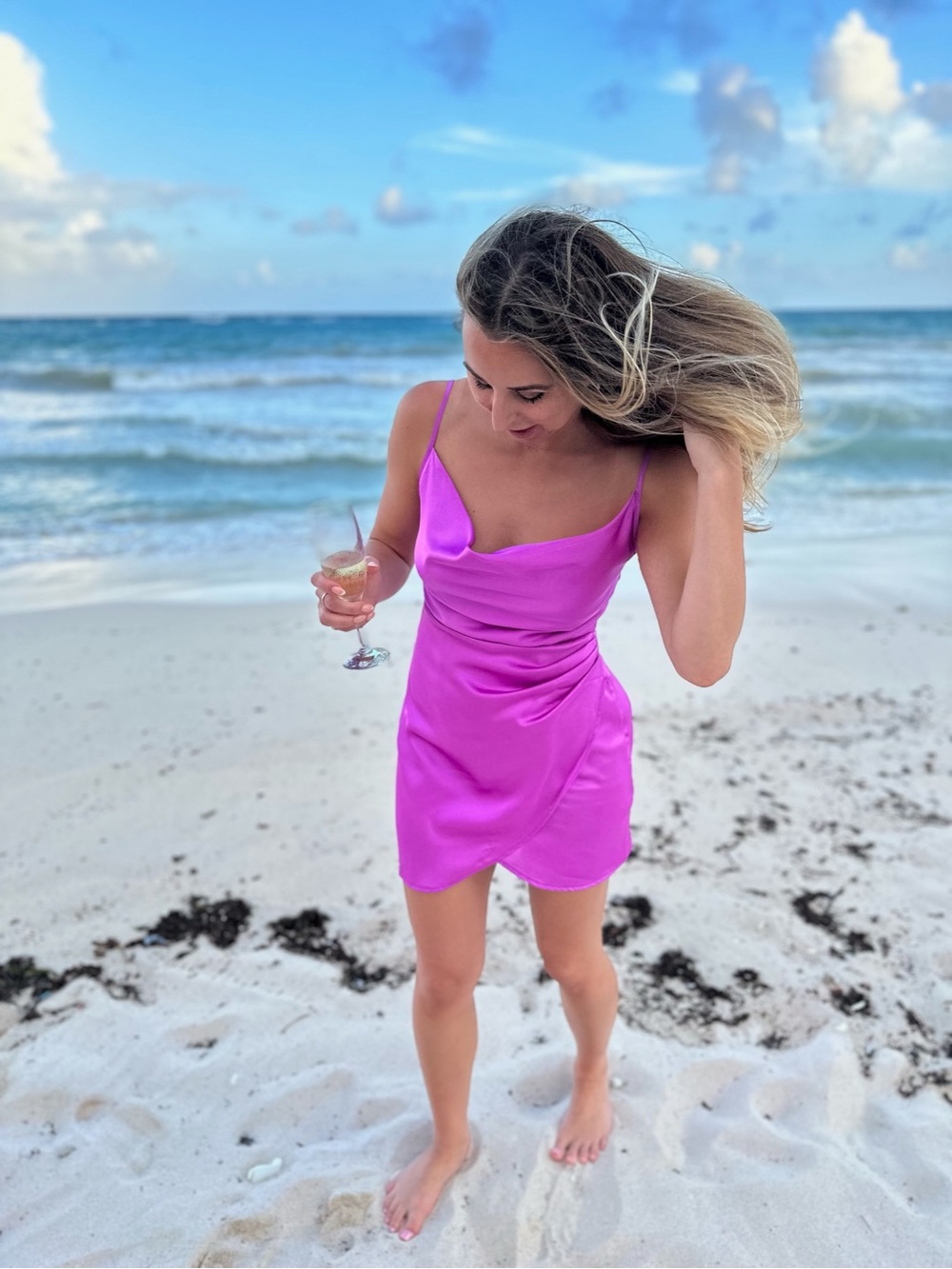 Satin Cowl Neck Slip Dress - Purple